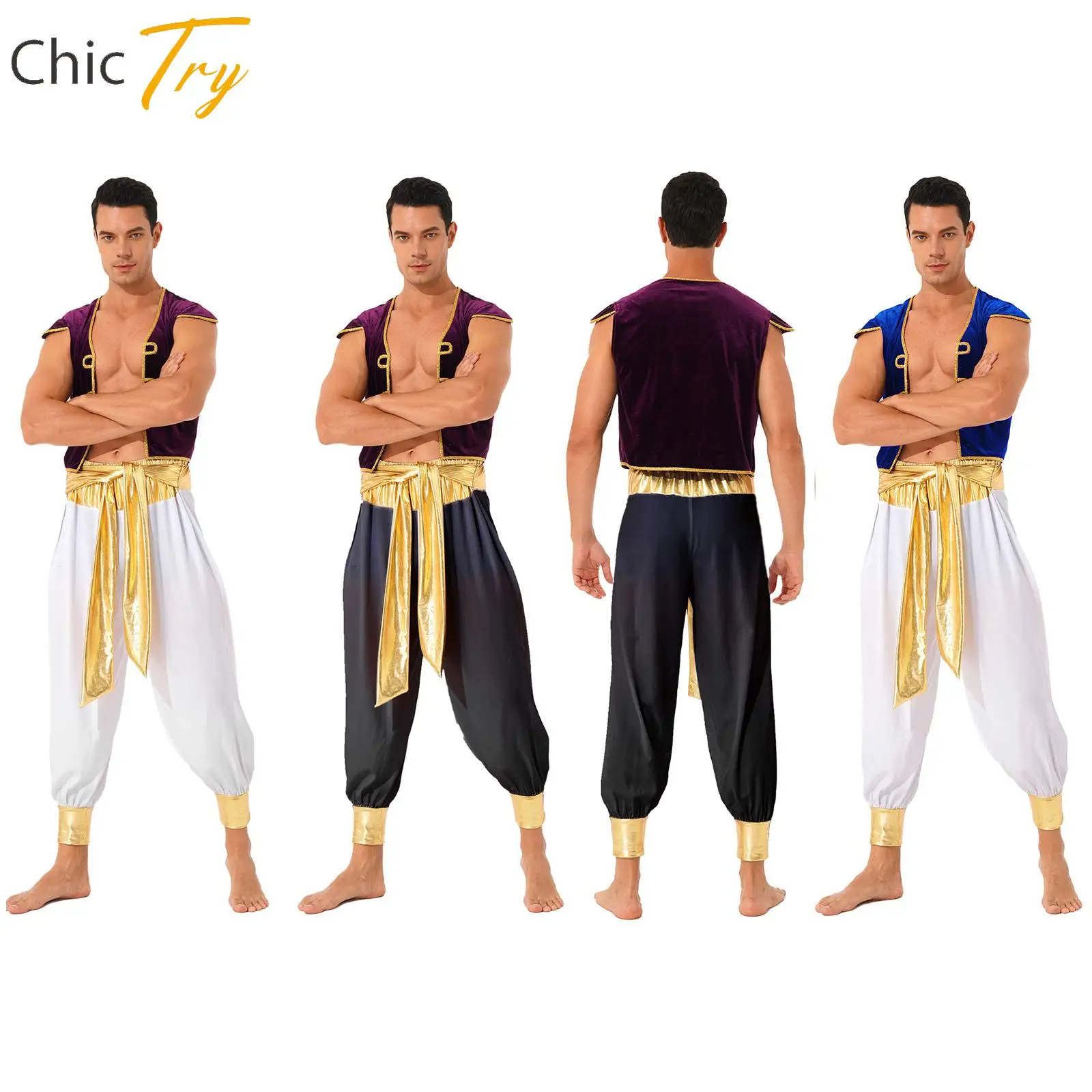 

Men Arabian Prince Role Play Costume Halloween Fancy Dress Ball Outfits Cap Sleeve Vest Waistcoat with Belted Bloomers Pants