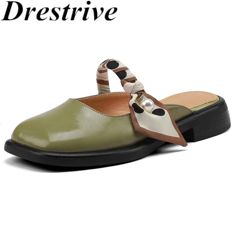 

Drestrive Cow Split Leather Square Toe Mules 2022 High Quality Summer Shoes Low Heel Outside Slipper Mary Janes Casual