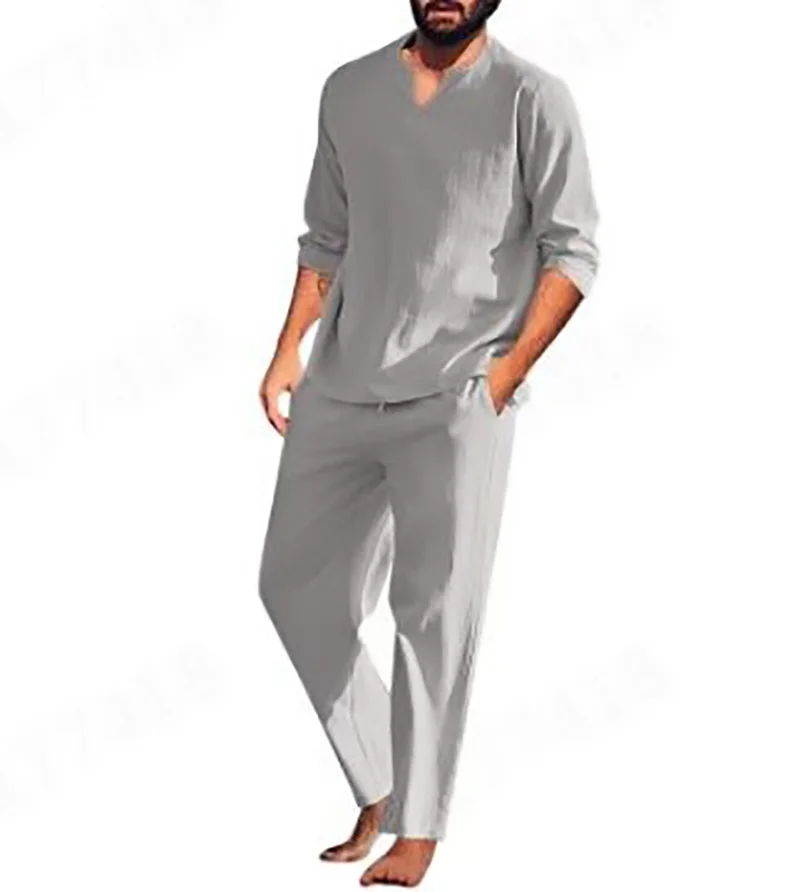 Foreign Trade Men's Casual Solid Color Pocket Insert Elastic Cotton Hemp Set 3D Bamboo Joint Cotton Casual Large Size Set Sweate