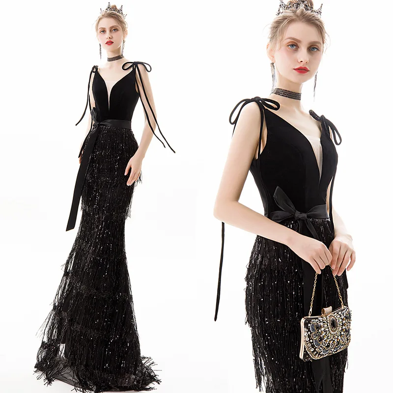 

Black Slip Evening Dresses Women V-Neck Bow Bandage Tassel Homecoming Mermaid Dress Exquisite Elegant Banquet Host Gown