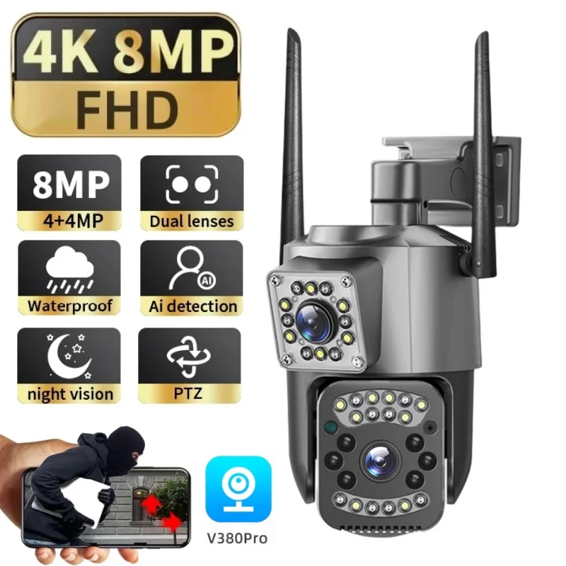 

Outdoor 8MP Wireless PTZ Camera Dual Lens Security CCTV Colo Night Vision Surveillance Monitor AI Human Tracking Waterproof Cam