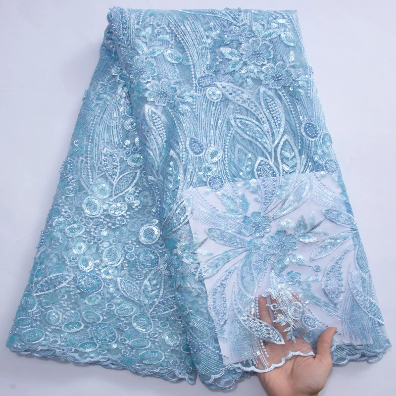 

African Mesh Lace Dubai Beaded Fabrics 2023 Nigerian Wedding Material Sequins Fabric For Elegant Wedding Prom Dress A3070