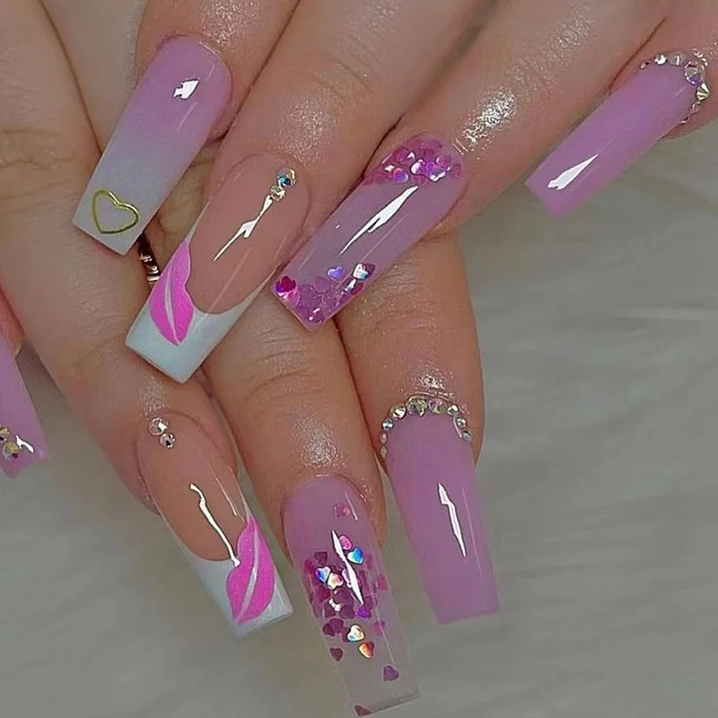 Kunstmatig afgewerkte 24-delige kunstnagels met diamant lang ballet Franse nepnagels met paillettenontwerp volledige dekking_voghion.com