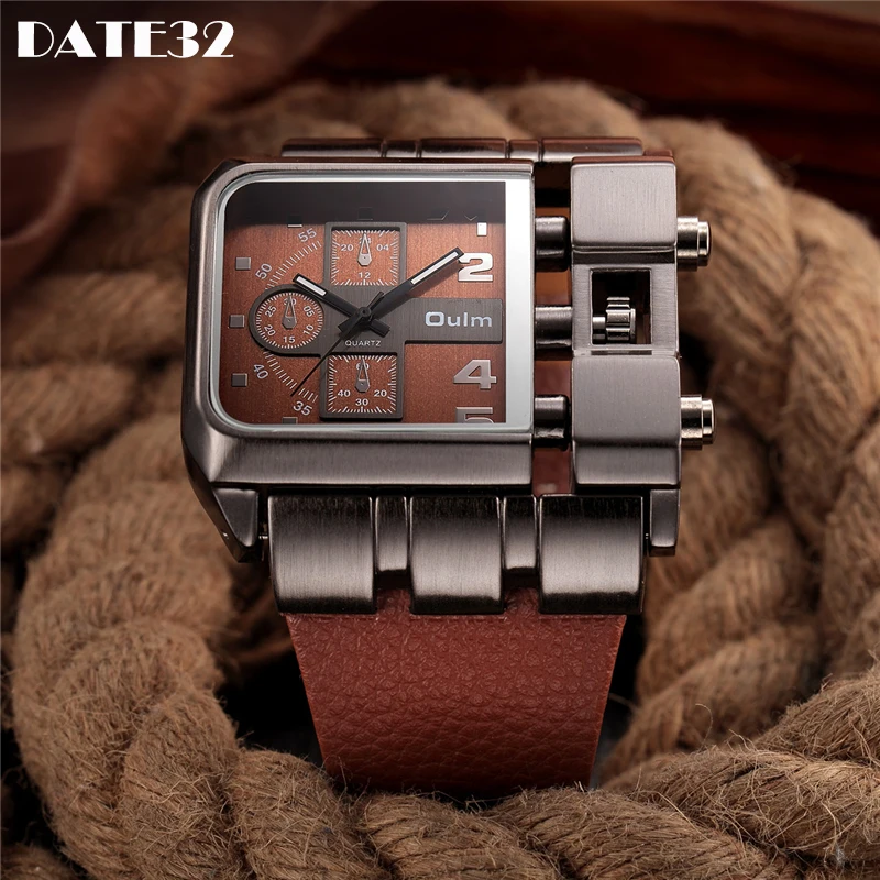 

Oulm Large Big Dial Wrist Watches Luxury Brand Quartz Watch Men Square Shaped Casual Leather Strap Male Military Antique Clock
