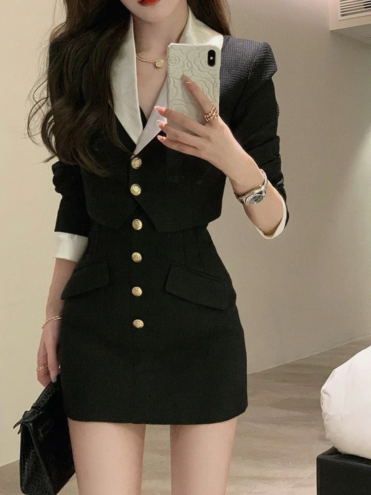 Black Y2k Mini Skirt Set Women Casual Korean 2 Piece Dress Set Crop Tops Jacket Tops + Short Skirts Elegant Suit 2022 Autumn New plus size shirt vrouwen tops en blouses lange mouw big size blusas femininas blusas mujer de moda 2022 shirt vrouwen