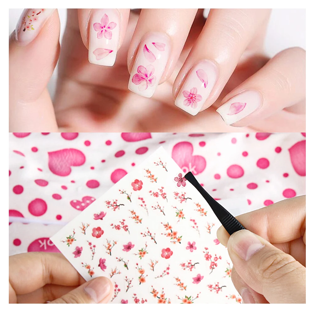 

10PCS Flower Nail Art Sticker Sakura Rose Flower Nail Decorative Decal Leaves 3D Self Adhesive Nail Polish Slider