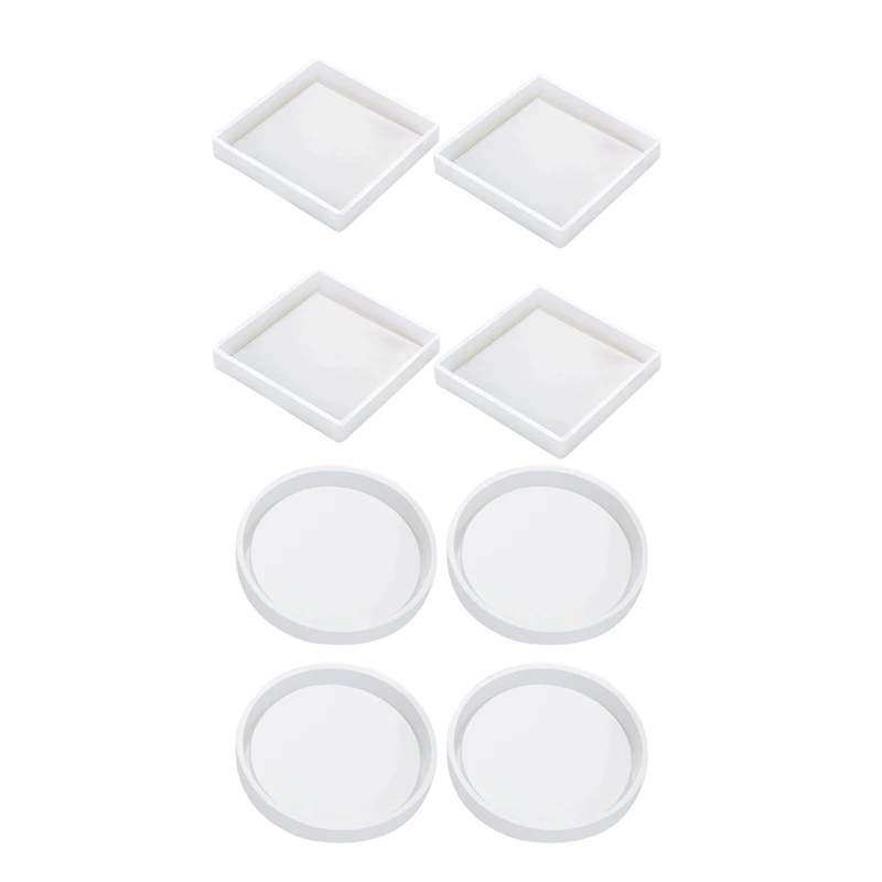 

8 Pcs Silicone Mold: 4 Pcs Square Molds & 4 Pcs Round Coaster Silicone Mold, For Casting With Resin, Cement
