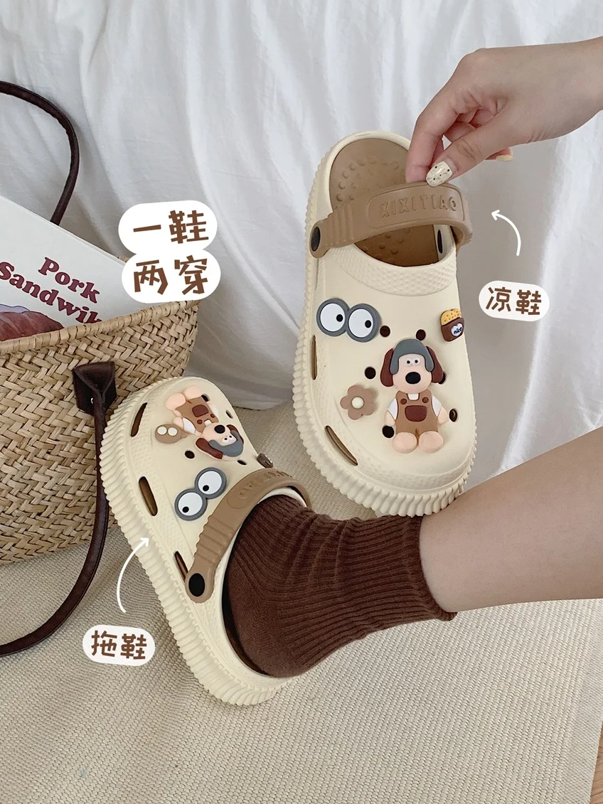 Cute Cartoon Dog Women Slipper Hole Garden Shoes 2023 Summer Outdoor EVA Anti Slip Sponge Cake DIY Thick Sole Sandals Female