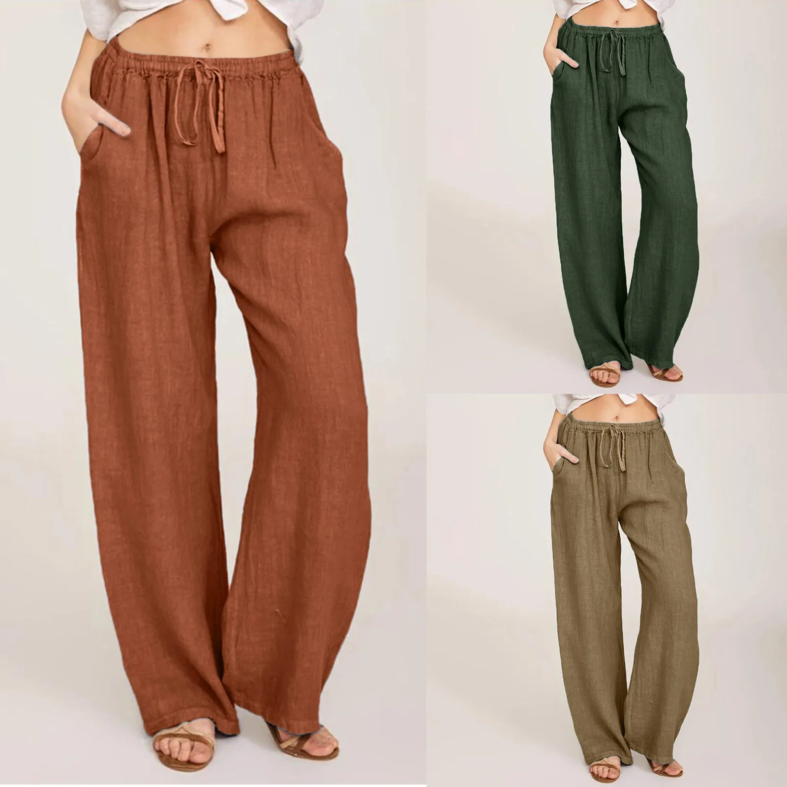 

Women Cotton Linen Pants Korean Fashion Summer High Waist Wide Trousers Female Pockets Oversize Sweatpants Streetwear pantalones