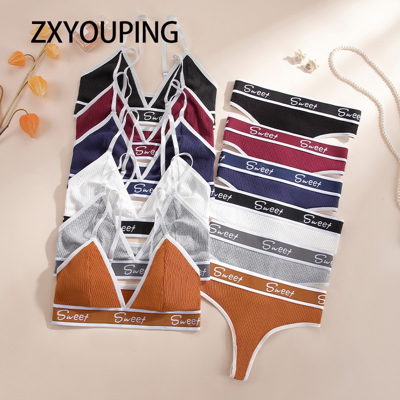 ZXYOUPING Cotton Bra and Panty for Woman Set V Shaped Triangle Cup Wireless Bra Sexy Bikini Panty Sports No Underwire Bra Underw