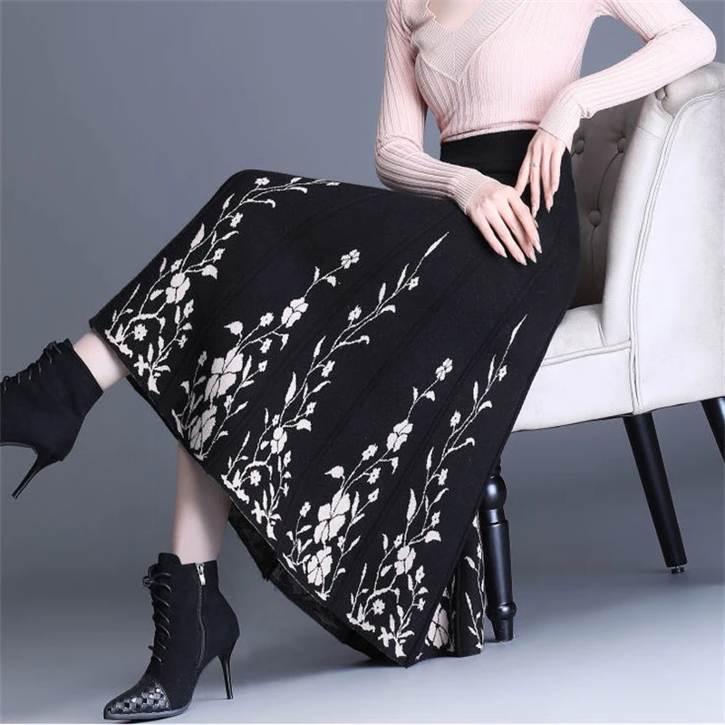 Vintage Floral Print Elegant Pleated Knitted Skirts for Women Autumn Winter Korean Fashion High Waist Thick A-line Midi Skirt