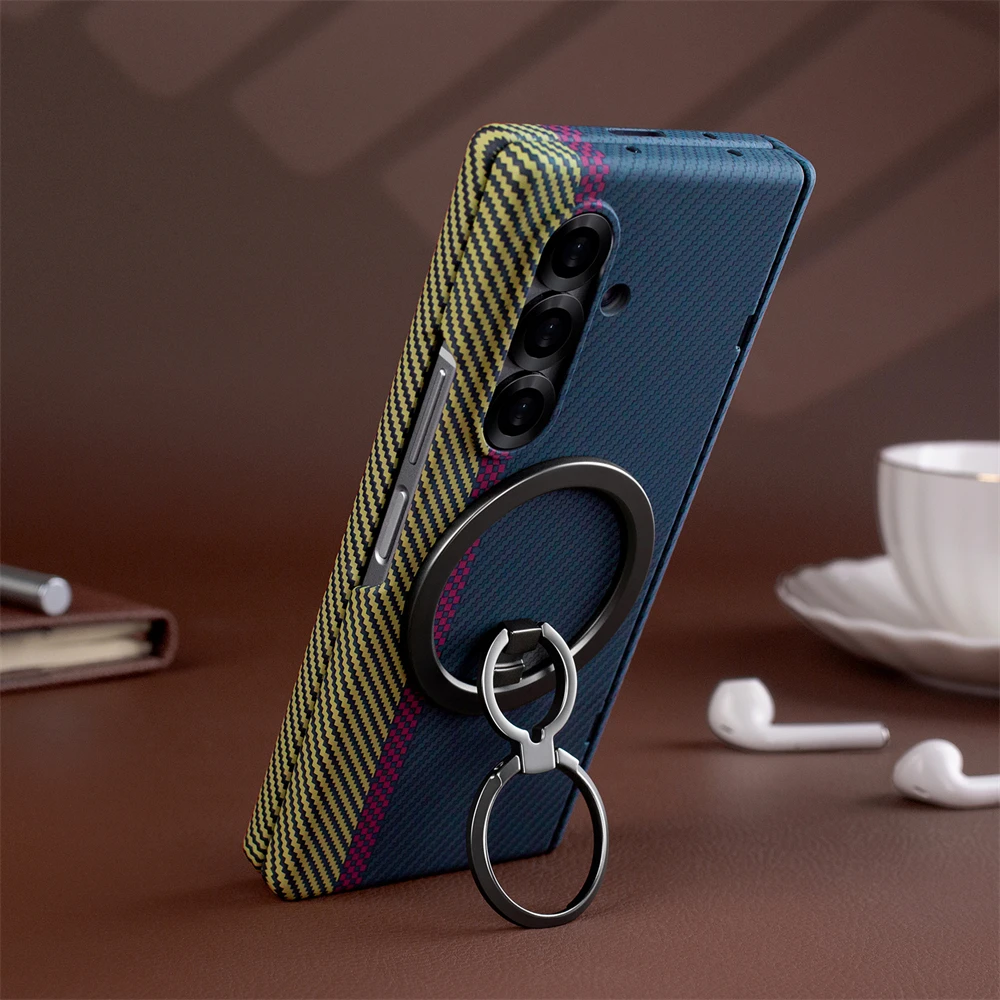 Carbon Fiber Texture Magsafe Case with Outer Screen Glass and Wireless Charging Hinge Holder