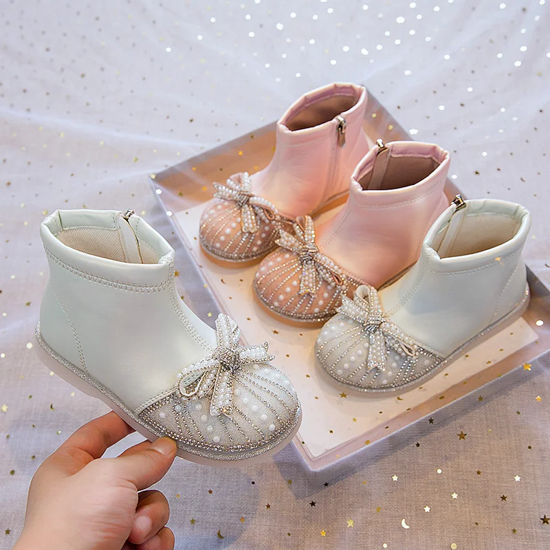 

2023 Spring New Leather Boots Children's Plush Short Boots with Bow Knot Korean Style Sweet Princess Elegant Platform Boots