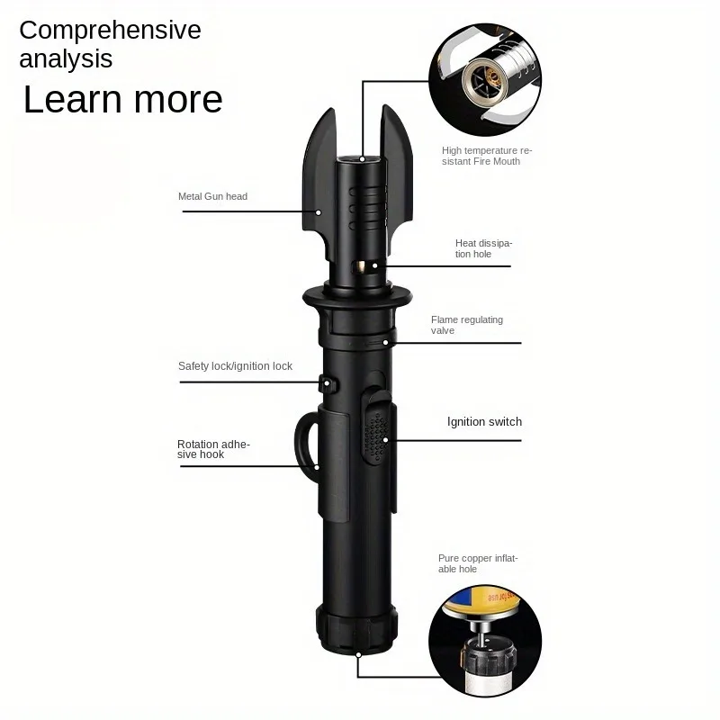 BBQ Lighter Butane Gas Lighter Cigarette Lighter Windproof Kitchen Lighter Metal Torch with Safety Lock Adjustable Flame Refillable Butane Gas Windproof Jet