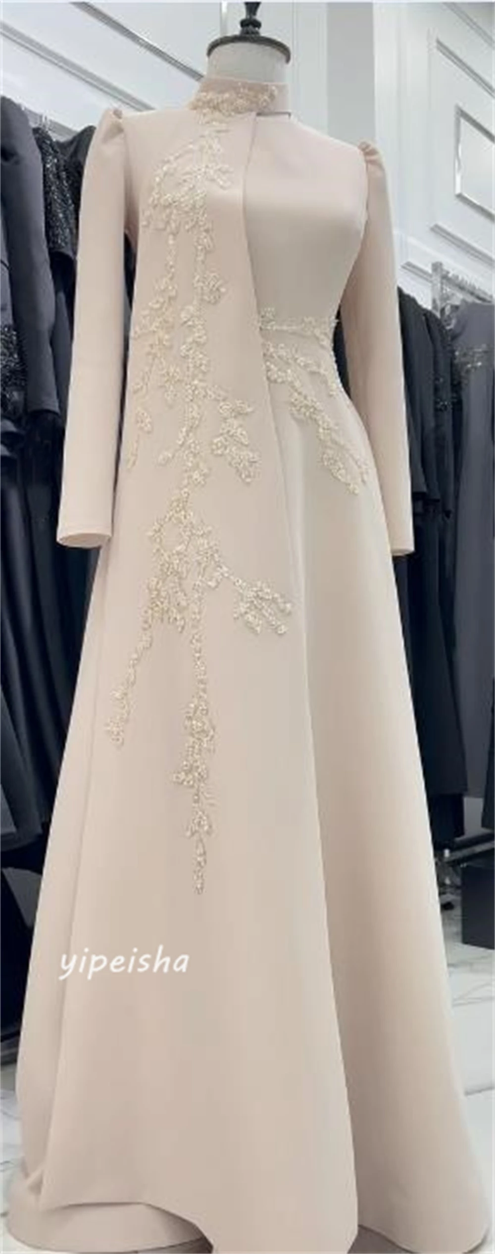 Jersey Applique Sequined Beading Ruched Prom A-line High Collar Bespoke Occasion Gown Long Dresses