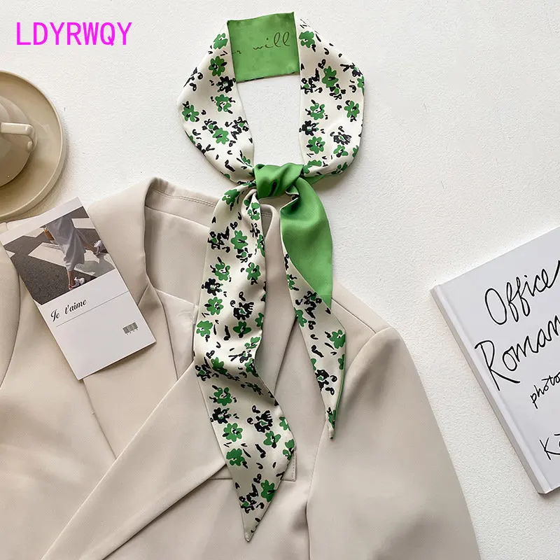 Green Shown White Long Stripe Small Silk Scarf Women's Hair Band Decorative Neckband Double Sided Long Ribbon Binding Waistband