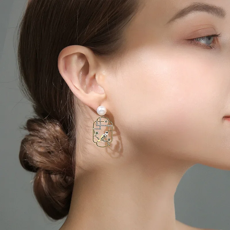 Chinese Style Copper Alloy Hollowed Out Carved Plum Blossom Bird Temperament Classic Earrings for Women Mother Gift Jewelry