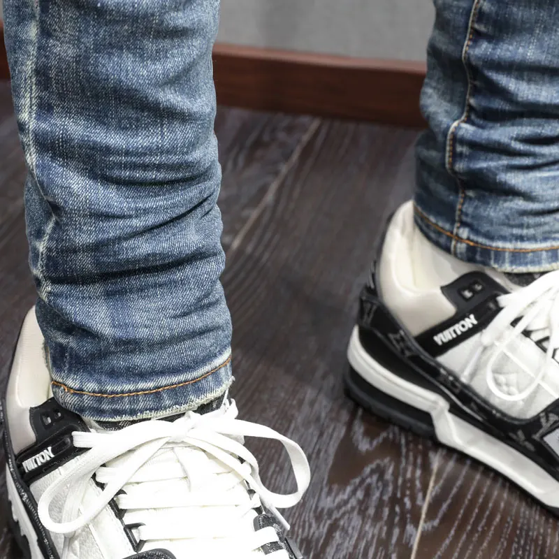 High Street Fashion Men's Patch Jeans Vintage Blue Elastic Tight Split Jeans Men's Leather Splicing Designer Hip Hop Brand Pants