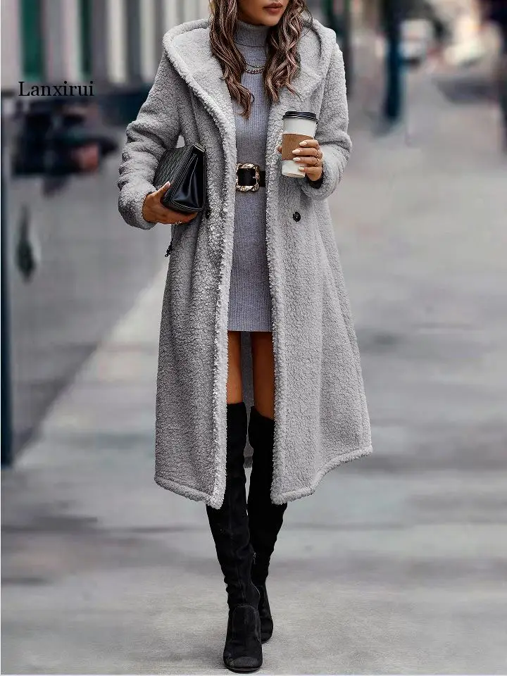 

Женские осенне-зимние куртки, модное повседневное пальто из овечьей шерсти, женское корейское пальто на молнии с капюшоном, женская одежда