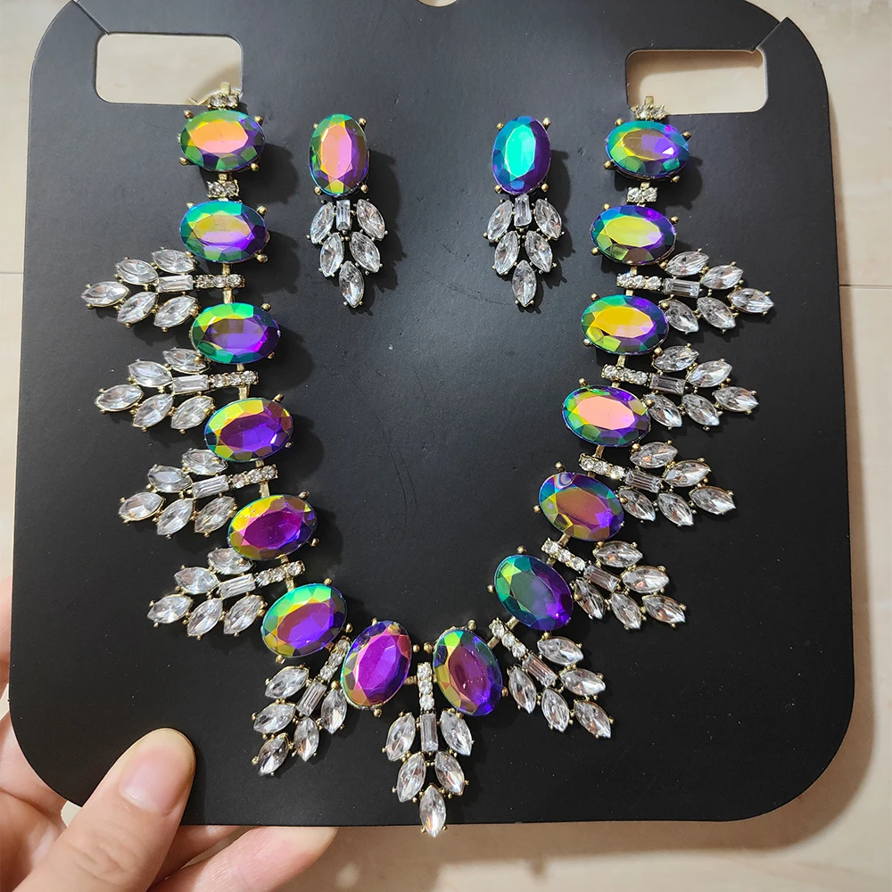 Costume Jewelry Vintage Gold Color Iridescent AB Blue Pink Crystal