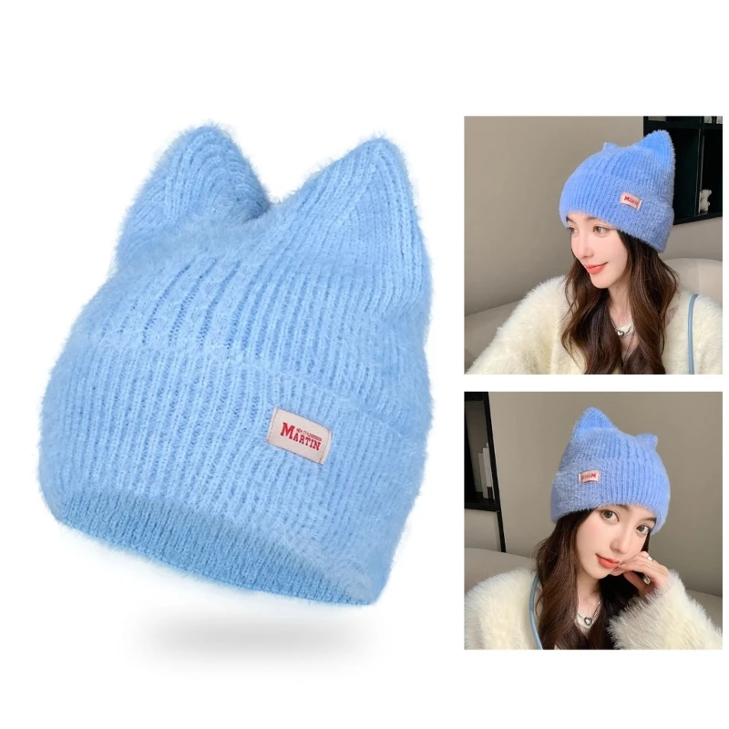 Winter Warm Knitted Hat Warm Sweet Headdress Cat Ear Crochet Beanie Windproof Anti-cold Women Ear Protection Running Ski Cap