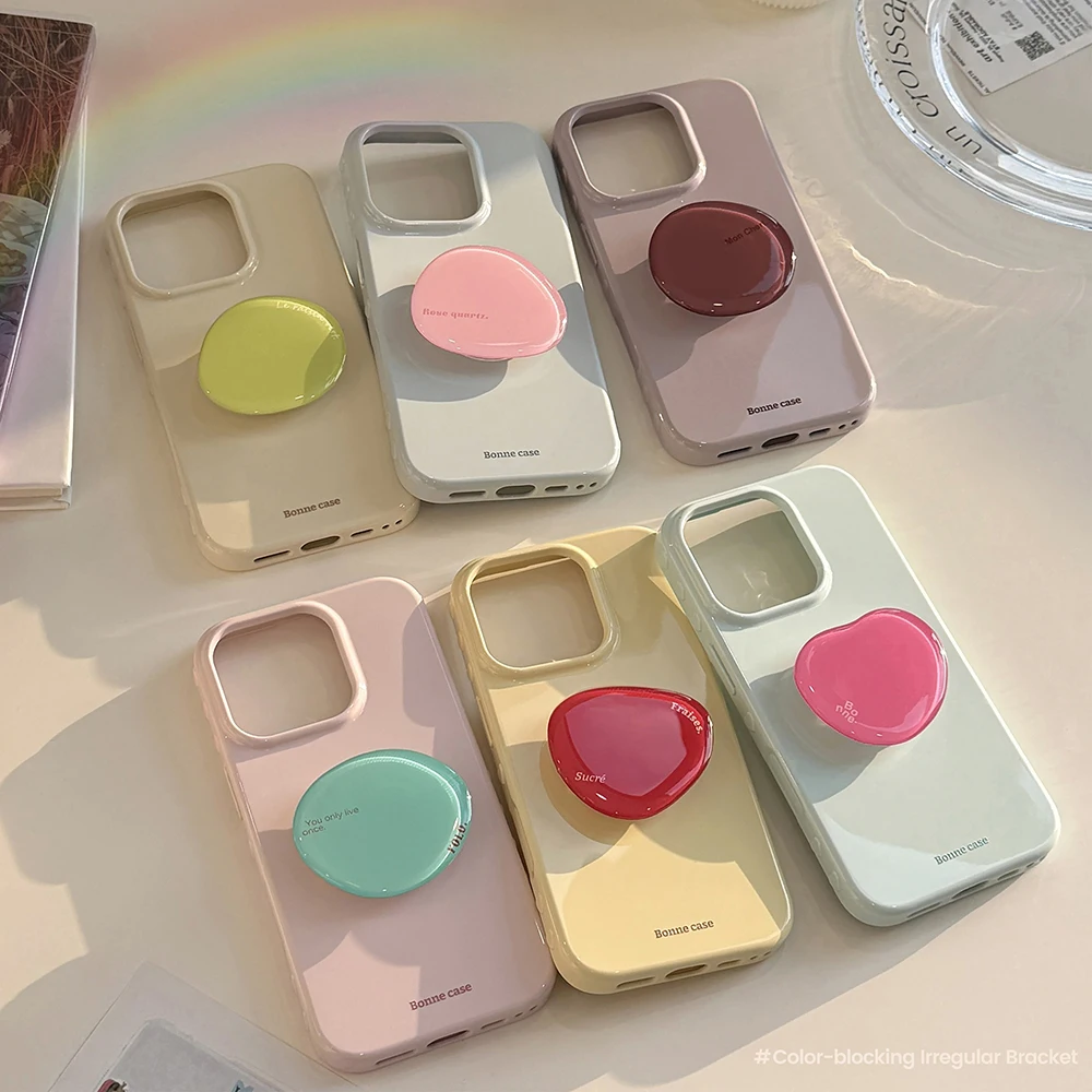 Chic Korean-Style Solid Color Soft Phone Case with Bracket – Shockproof Protective Cover