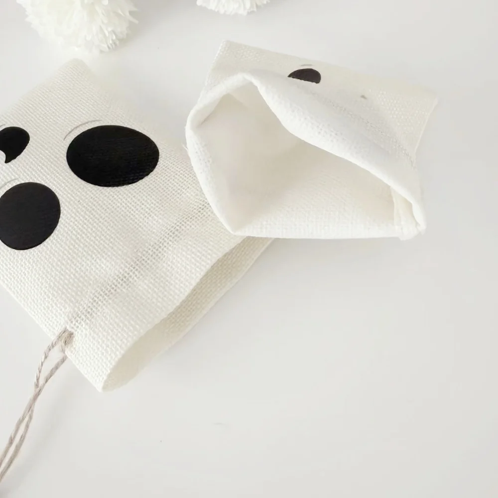 2025 Halloween Linen Drawstring Bag Candy Biscuit Storage Pouch Bun Mouth Holiday Party Ghost Face Cotton Printed Bag