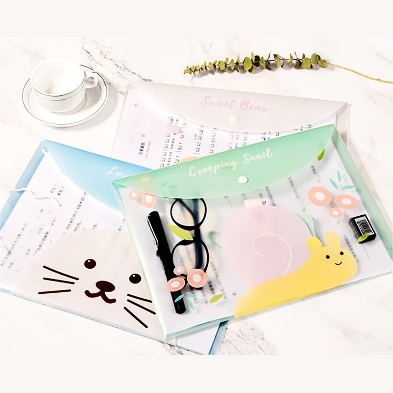 4pcs Buckle A4 File Bag Cartoon Illustration Student Test Paper Holder Transparent Waterproof and Dustproof Note Storage Bag