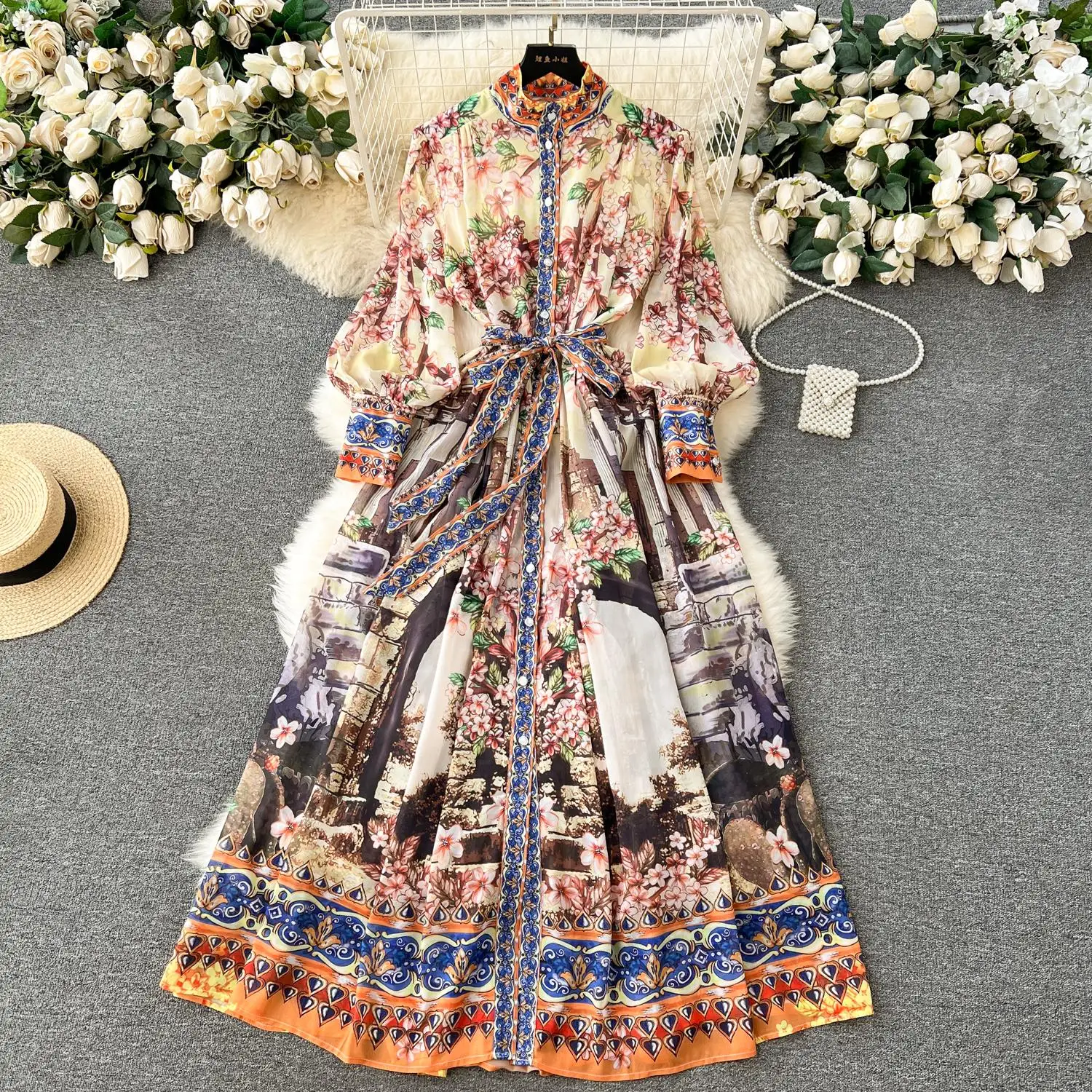 

Fashion Runway Flower Chiffon Long Maxi Dress Women Stand Collar Lantern Sleeve Floral Print Belt Lace Up Boho Robe Vestido 6509