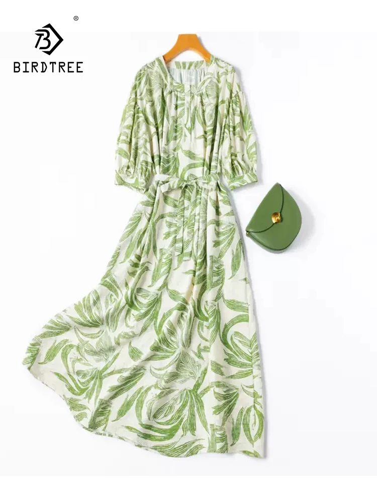 

BirdTree, 76%Real Silk Elegant Dresses, Women Lantern Sleeve O Neck Printed, Simplicity Casual Chic Dress, 2024 Summer D44304QC