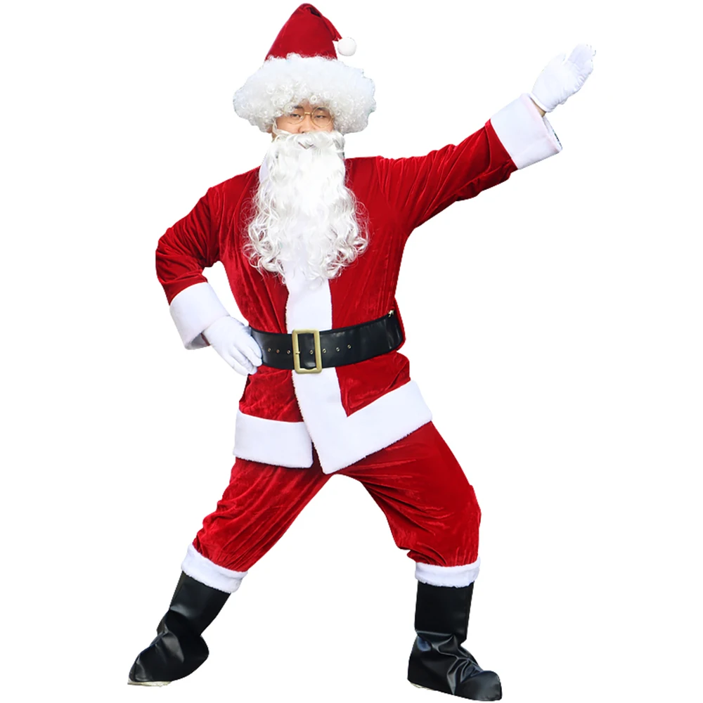 

Christmas Santa Claus Costume Cosplay Suit For Adults Fancy Dress-Up Outfit with Hat Beard Role Play Costume 5Pcs