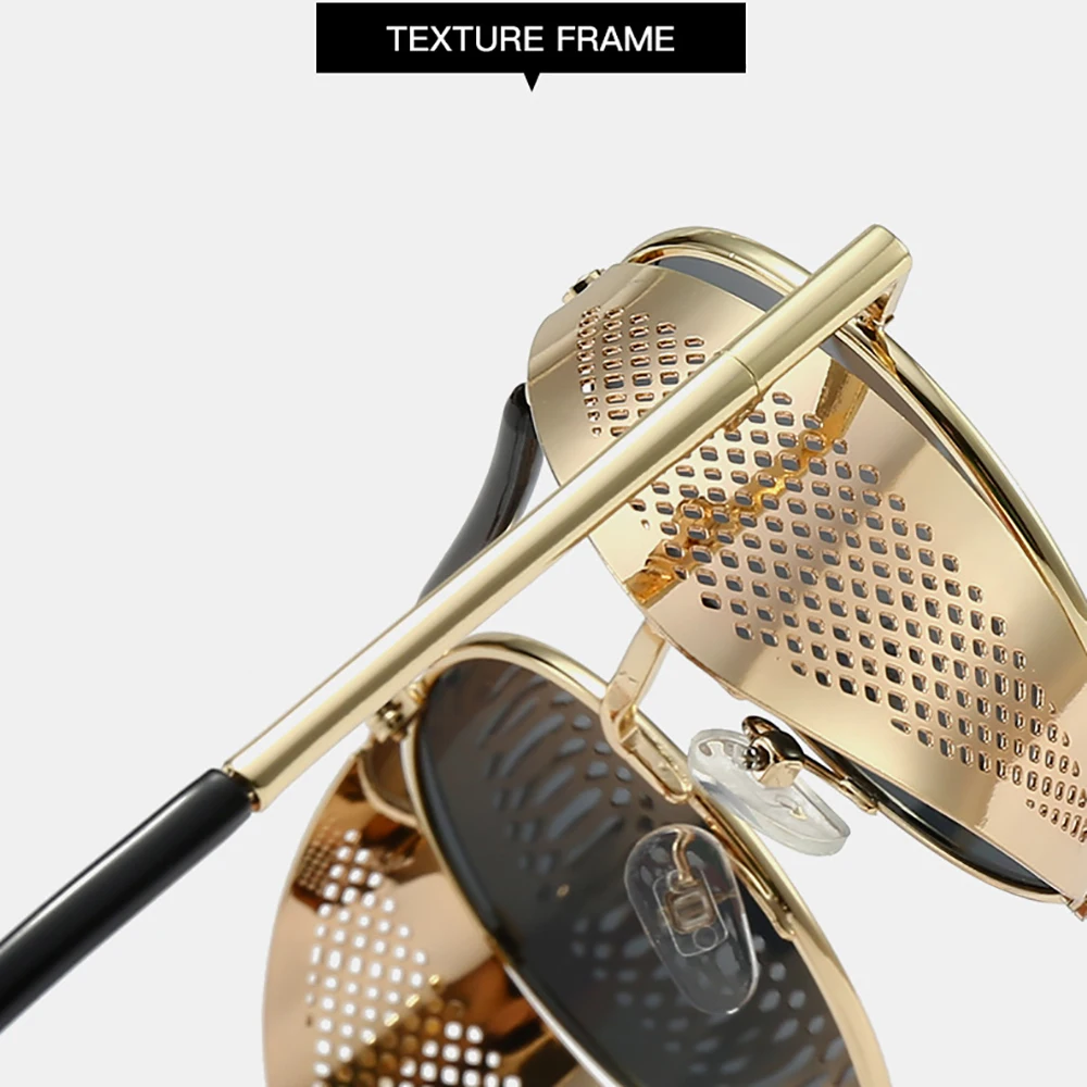 Men Driving Sunglasses with Side Shield Steampunk Round Alloy Sun Glasses Color Eyepiece Women Vintage UV400 Sun Shades New