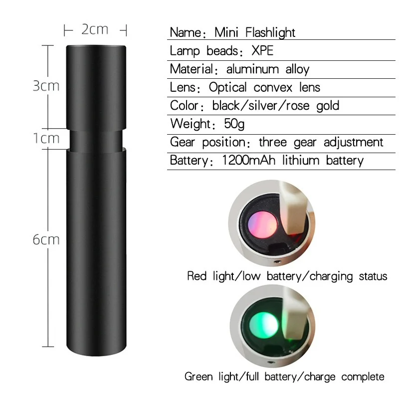 미니 토치 LED 충전식 손전등, 휴대용 USB 충전 손전등, 내장 배터리, 야외 캠핑 랜턴