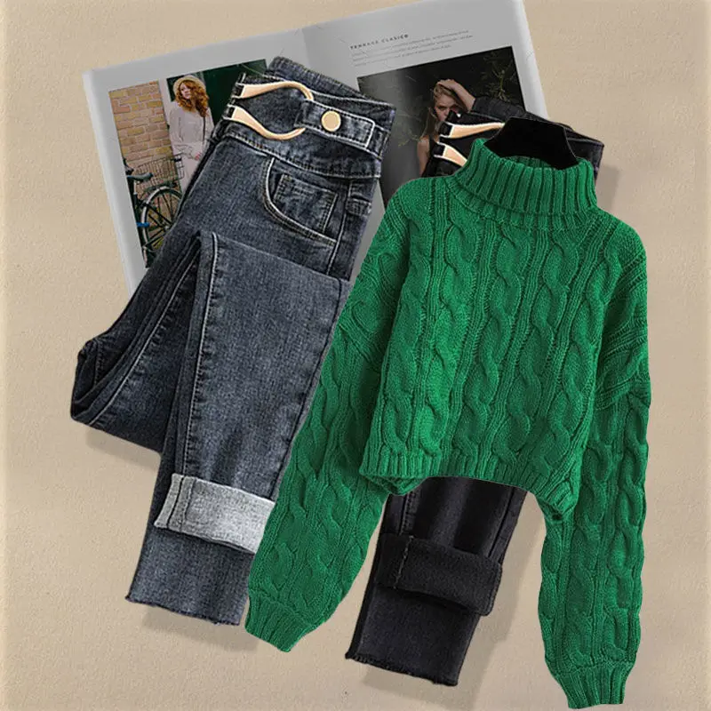Autumn and Winter New Set Women's High Neck Solid Knitted Sweater Slim and Versatile Jeans Women's Two Piece Set
