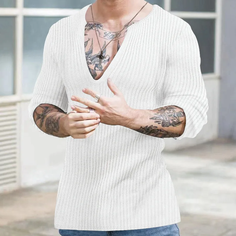 2023 Autumn and Winter New Simplicity Versatile Commuter Men's Clothing Fashion V-neck Long Sleeve Solid Color Casual Pullover
