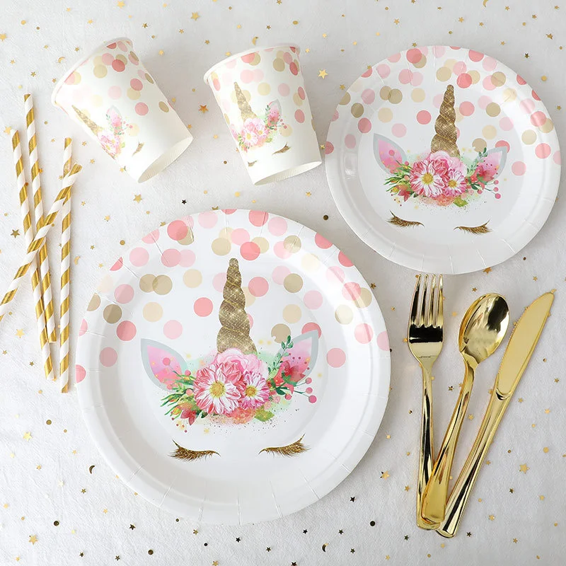 

Unicorn Party Disposable Tableware Creative Girls Unicorn Plates Color Stickers Paper Straws Baby Shower Birthday Party Decor