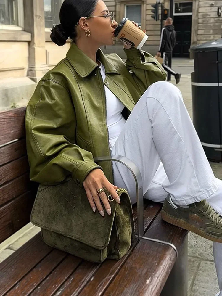 Women Fashion Green Lapel Short Leather Coats Lapel Collar Pu Zipper Lady Short Coat 2024 New Autumn Winter Warm Top Outwears