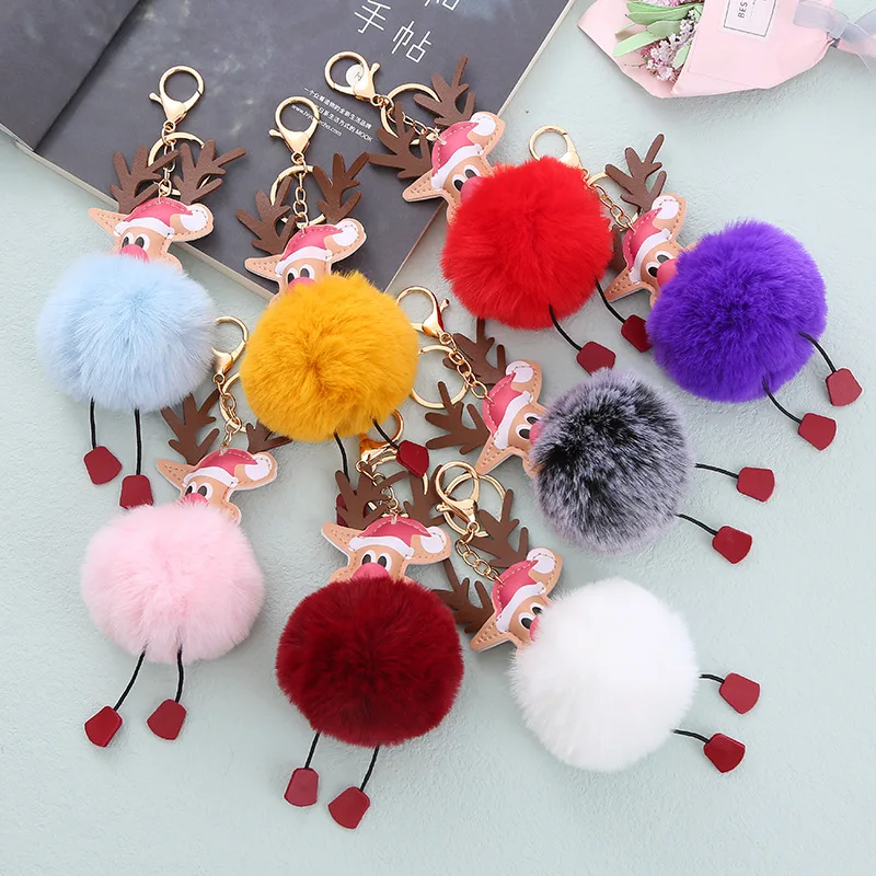 

Christmas Reindeer Plush Keychain Cute Elk Rabbit Hair Pompom Festival Wedding Gifts Women Bag Pendant Fashion Holder Chain Ring