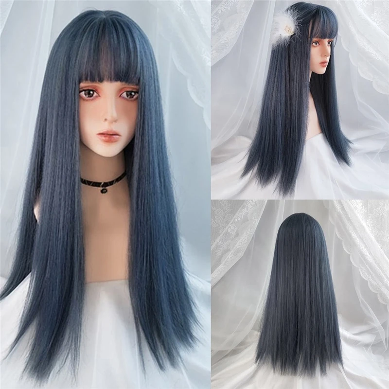 Women's Synthetic Cosplay Lolita Wigs With Cut Bang Blue Pink Blonde Red Long Straight Hair For Party Lady Girl