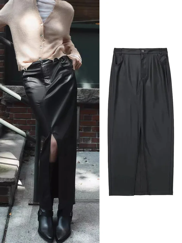

HH TRAF 2023 High Waist Faux Leather Midi Skirt Women's Zipper Front Slit Wrap Casual Skirts Autumn Female Fashion Skirt Y2K