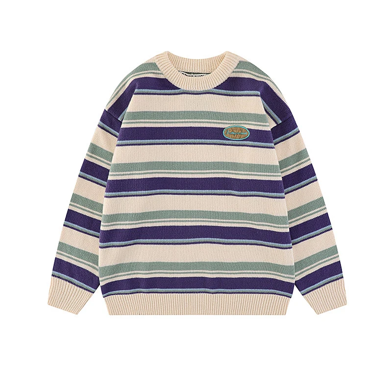 

Embroidery Women Sweaters Contrast Color Striped Warm Pullover Top O-Neck Long Sleeve Loose Soft Jumpers Sweater