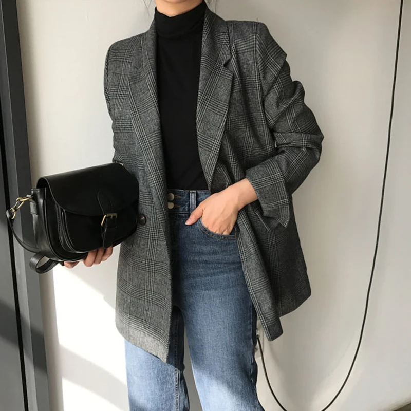 

New 2023 Korean Retro Plaid Double Breasted Pockets Formal Suit Jackets Checkered Winter Spring Women's Blazers Outerwear Tops