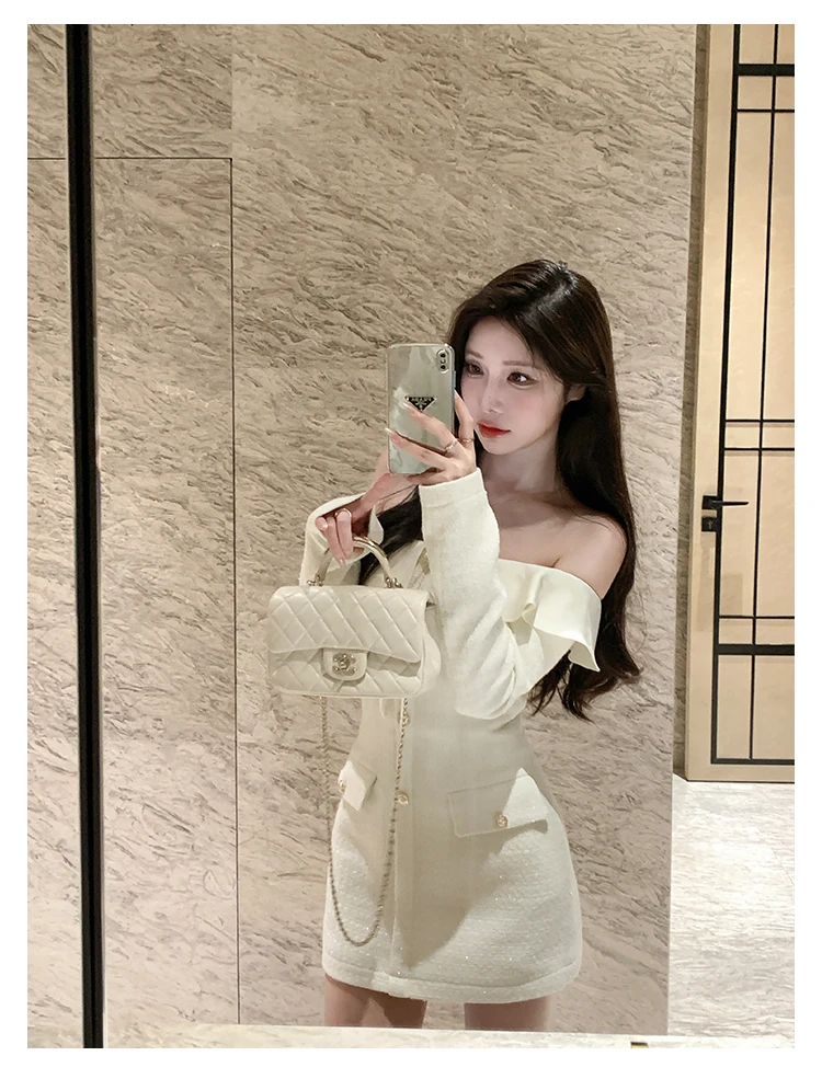 Elegant Tweed Slash Neck Short Dresses for Women Long Sleeve Slim Waist Birthday Party Dress Korean Fashion Vestidos Mujer