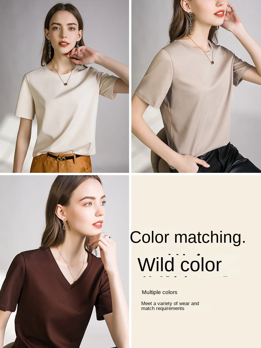80 Pieces Liquid Ammonia Silk Cotton White Short Sleeved Shoulder T-shirt for Women's Spring/summer V-round Neck Basic Top 3