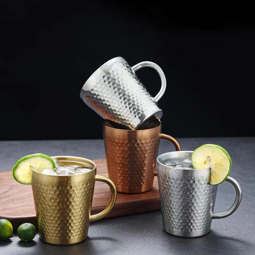 

300ml Double-Layer Water Cup Home Dining Drinkware Mugs 304 Stainless Steel Beer Cup Gold Sliver Coffee Mugs With Handle Tazas