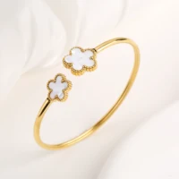Classic Luxury Stainless Steel Five Leaf Flower Open Bangle High Quality Women Fashion Party Jewelry Gift Daily Wear Clover 2