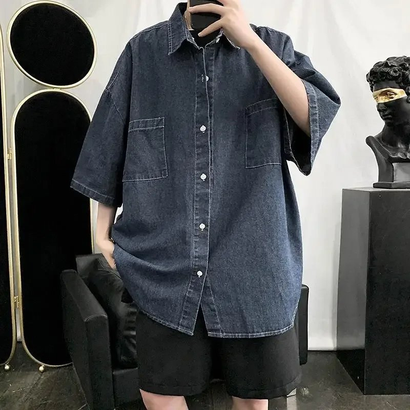 Summer Men's Loose Short Sleeve Denim Shirt Stylish Korean Style Casual Workwear Trendy Top Brand Fashionable Outerwear