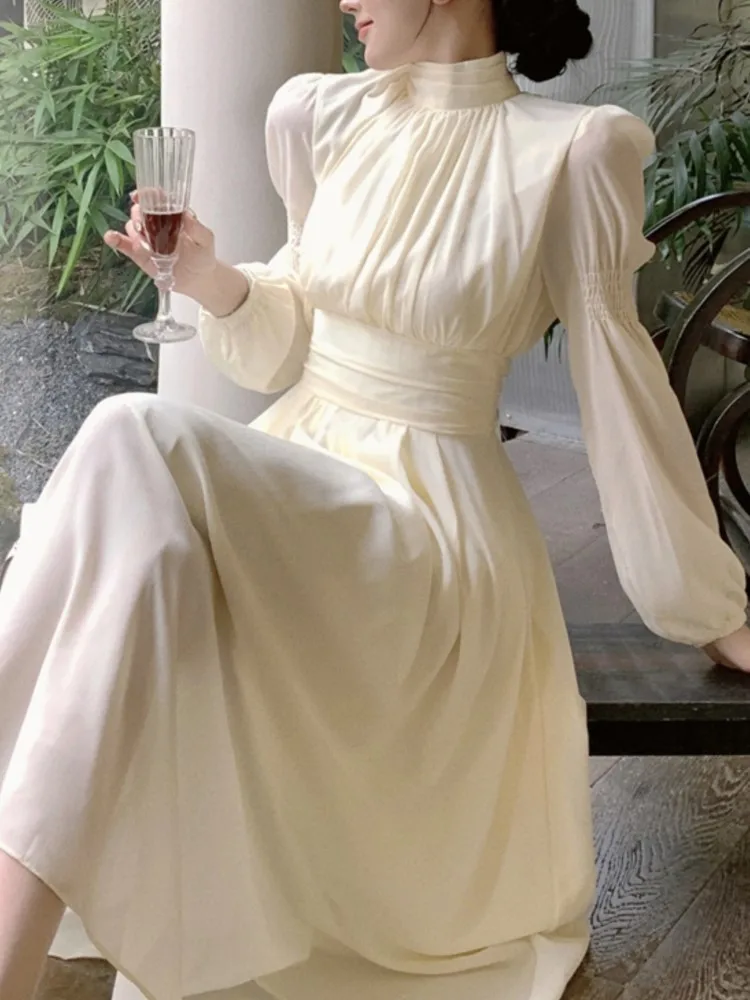

Fashion New Women Elegant Casual Long Dress Autumn Vintage A-Line Solid Party Birthday Dresses Female Clothes Robe Vestidos