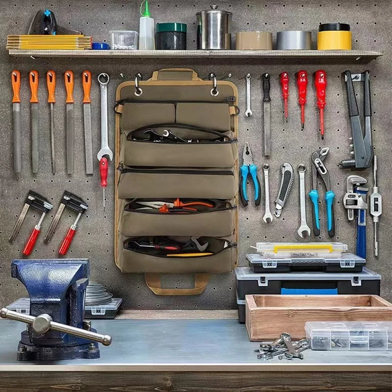 Gereedschapsroltas, 6 zakken gereedschapstassen, multifunctionele gereedschapstas oproltas, opbergtas moersleutel houder canvas organizer voor elektricien, loodgieter, timmerman, monteur (rood