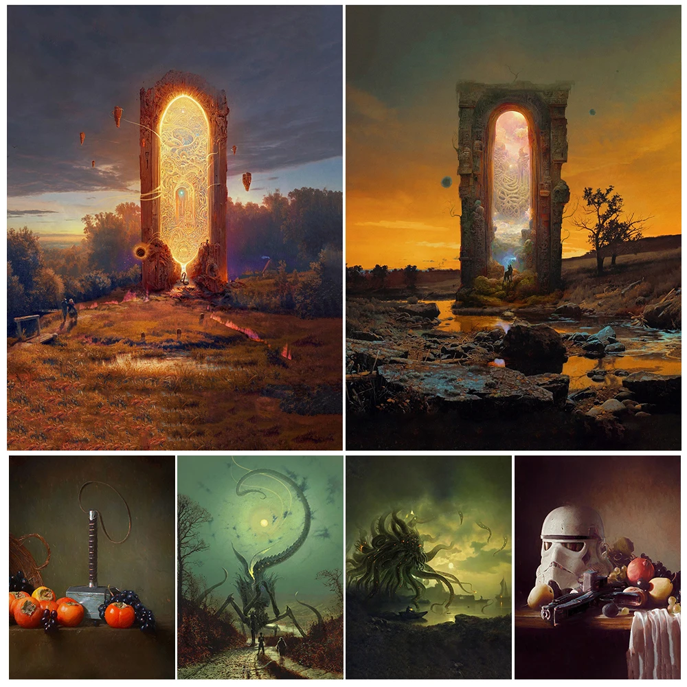 

Cthulhu Avatars And Psychedelic Night Vintage Wall Art Canvas Painting Cosmic Fantasy Door Of Travel Art Poster And Print Decor